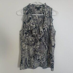 BANANA REPUBLIC TOP SLEEVELESS RUFFLE NECK BLACK MINT PAISLEY 100% SILK SIZE SML